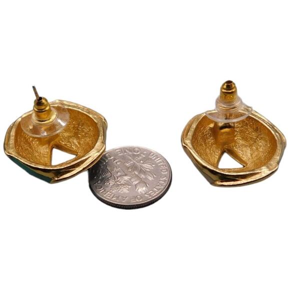 Pierced Earrings Retro Teal Green Blue Beige Enamel Geometric Gold Tone SKU 2224 - Picture 7 of 8